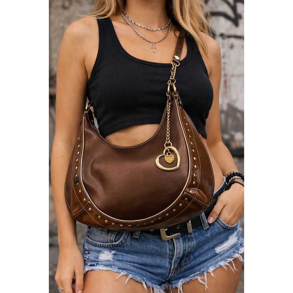 LOVCAT Paris Brown Leather Gold Accents Hobo Shoulder Bag  Women's Size Small